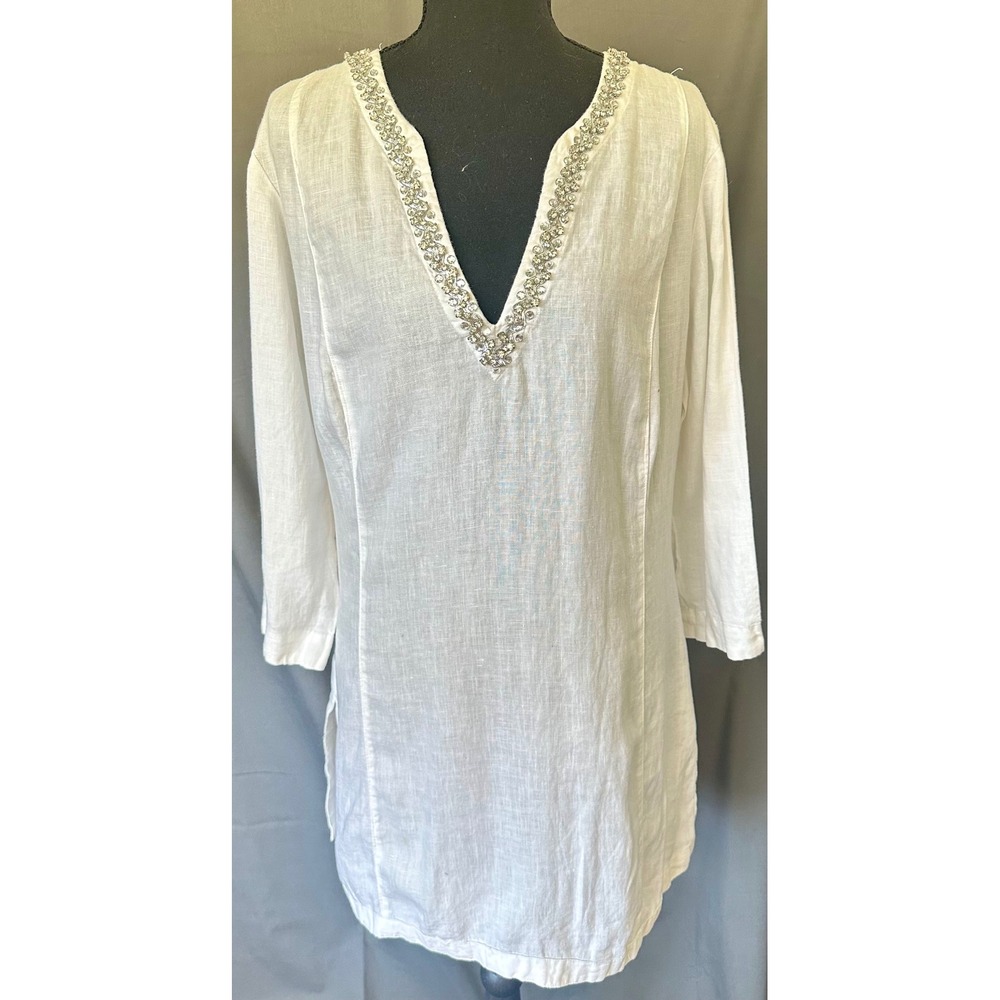 Malvin Hamburg Germany White 100% Linen Beaded V-Neck Tunic Top 3/4‎ Sleeve L